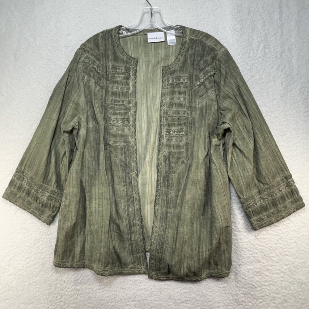 Alfred Dunner Cardigan Womens Size 16 Green Embroidered Open Front 3/4 Sleeve